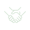 Light green outline icon of two hands shaking one another.